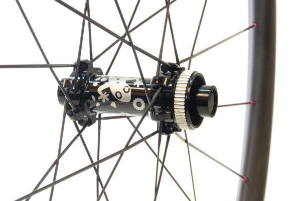 gecko_CL_SP_front_wheel Front Centre-Lock Straight-Pull hub with silver decal and pink Sapim nipples
