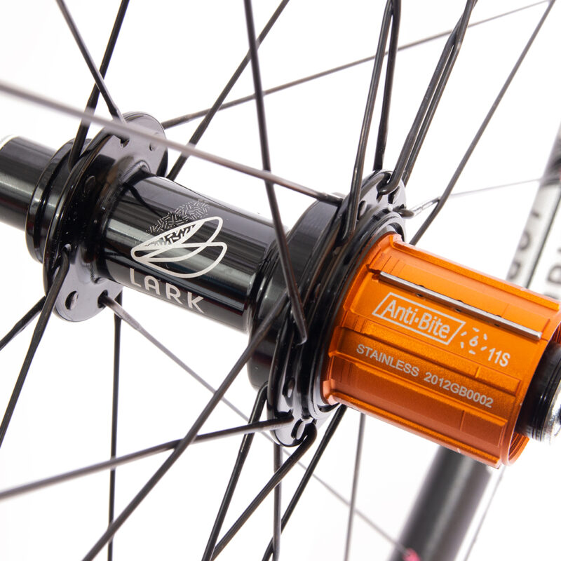 Lark Light rear hub with etched design and 2:1 lacing