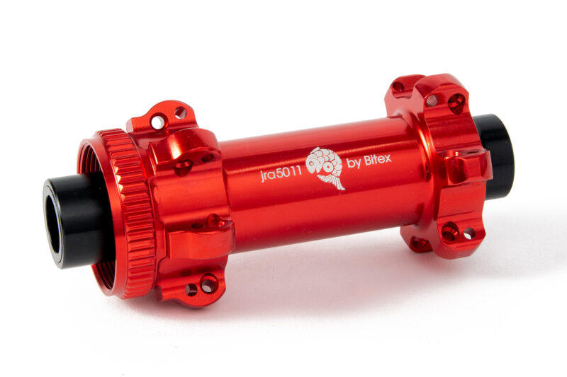 centre-lock straight-pull hubs in red