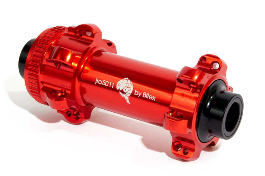 centre-lock straight-pull hubs in red