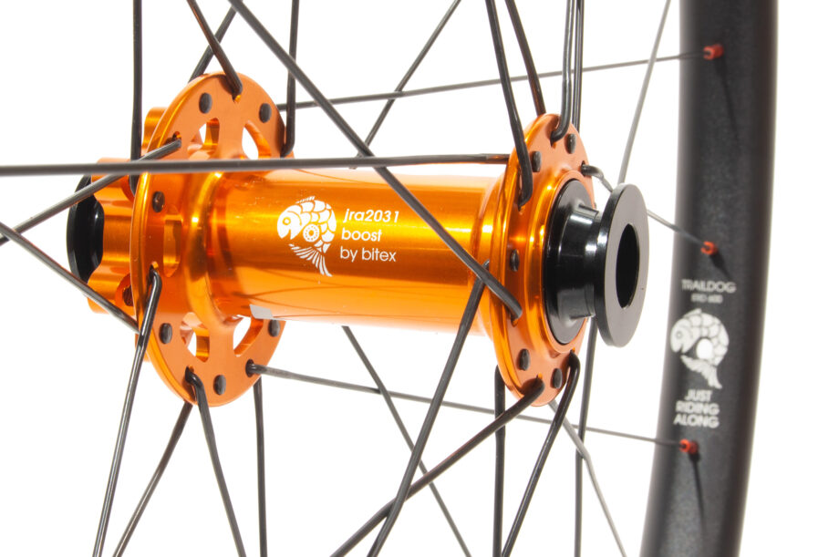 Traildog wheelset showing underside of hub and valve etching