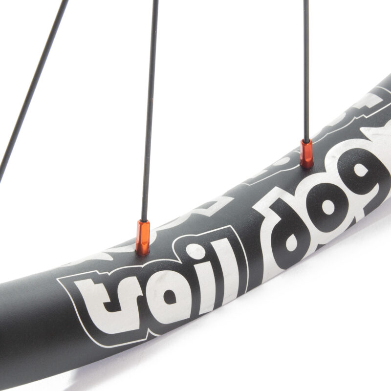Traildog wheelset with orange boost J-bend hub with laser etched logos
