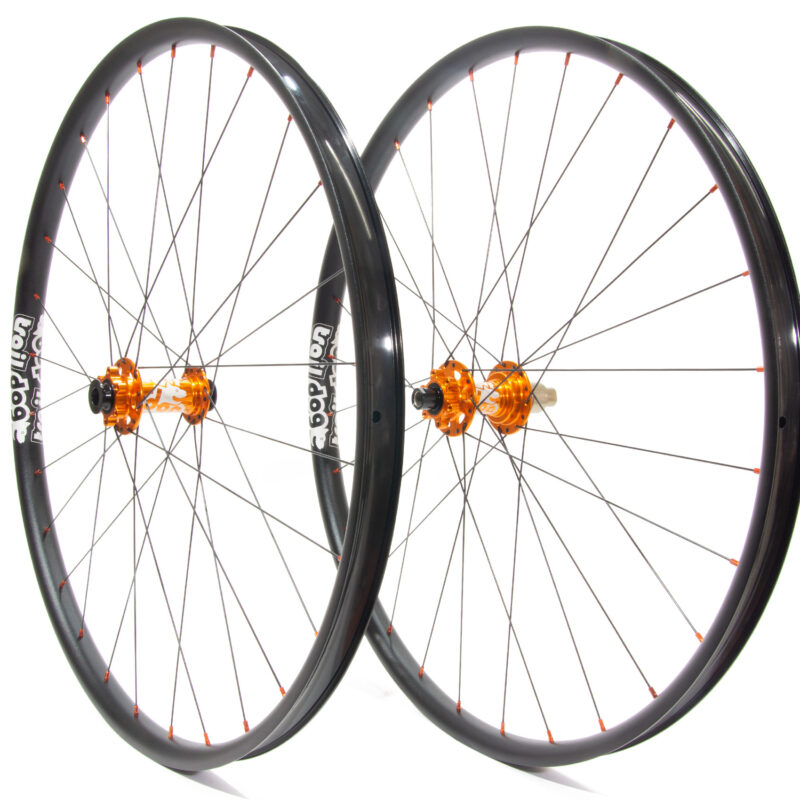 Traildog wheelset with orange boost J-bend hub with laser etched logos