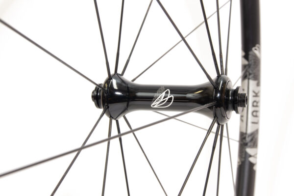 Lark straight-pull front hub with etched logo