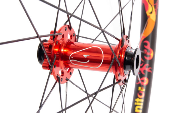 6-bolt J-bend boost hub in red on red & orange 28 hole monitor rim