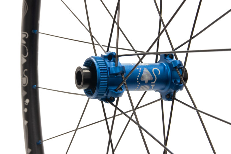 Map centre-lock straight-pull front wheels with matt blue hub and etched graphics