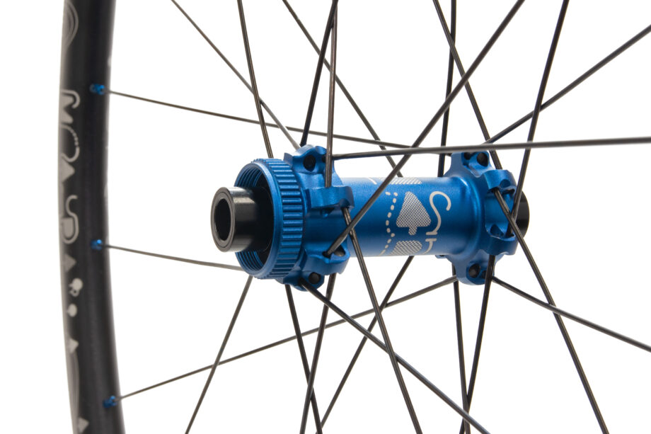 Map centre-lock straight-pull rear wheels with matt blue hub and etched graphics