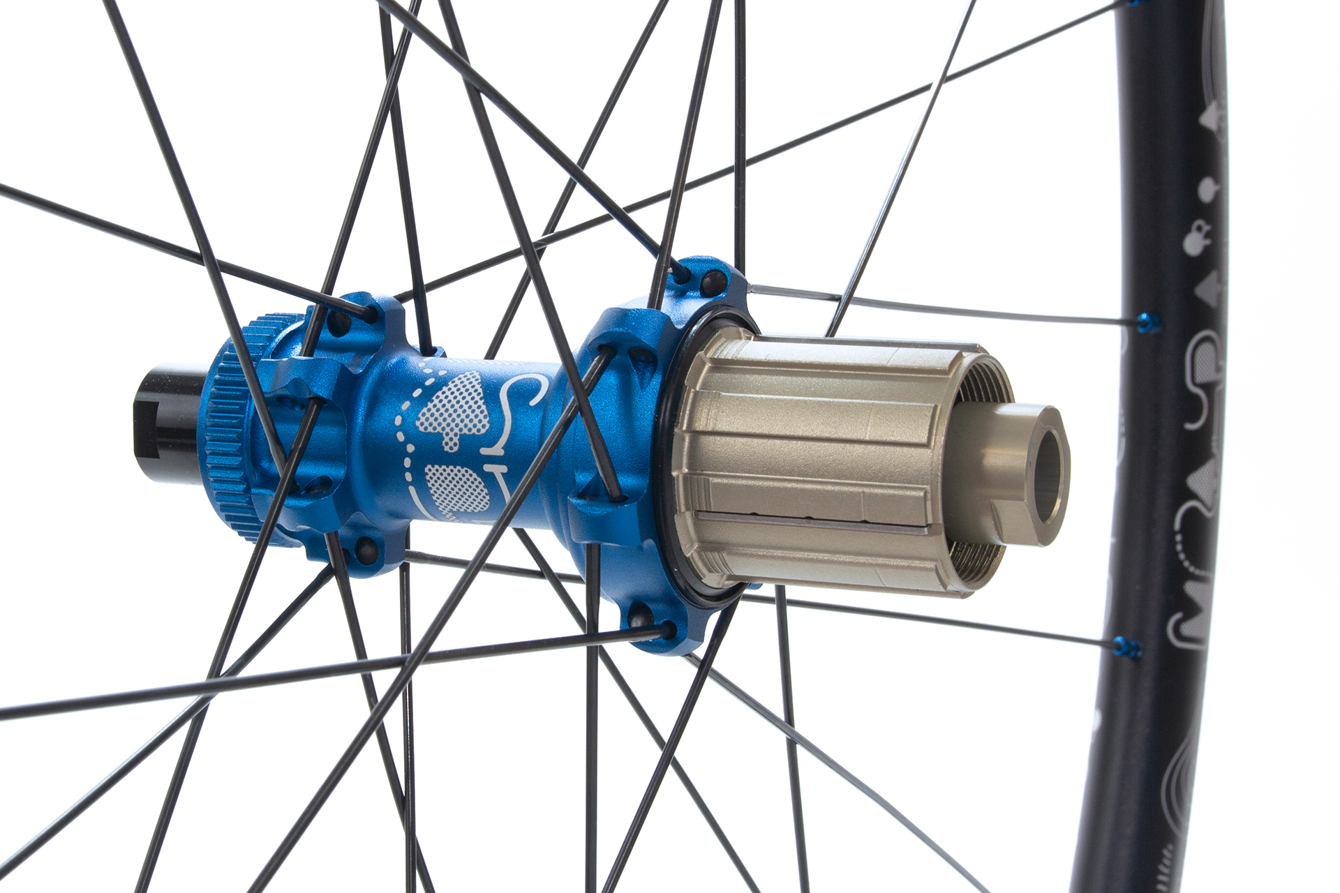 Map centre-lock straight-pull rear wheels with matt blue hub and etched graphics