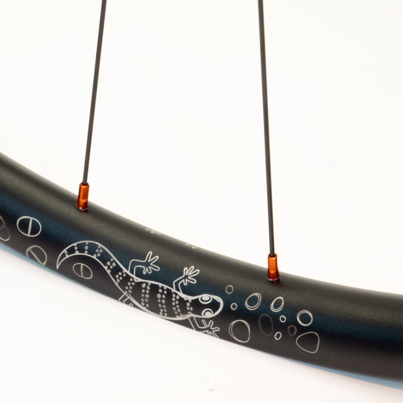 Gecko alu rim with etched Gecko design and orange aluminium nipples
